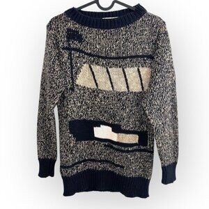 Vintage Laurel by Escada Linen Cotton Knit Navy cream print Jumper Sweater small